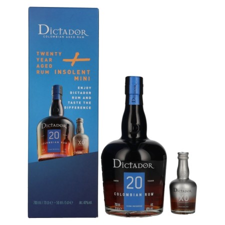 Dictador 20 Years Old ICON RESERVE Colombian Rum 40% Vol. 0,7l in Giftbox mit Dictador XO Insolent Miniatur 0,05l